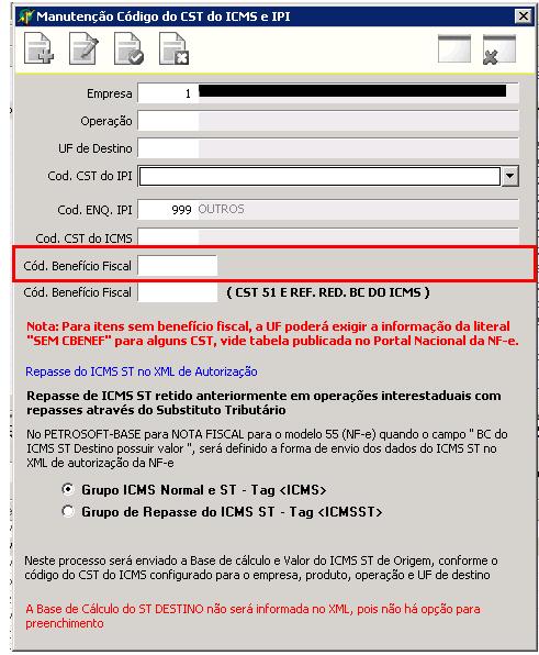 Tela PETROSOFT — Cód. Benefício Fiscal